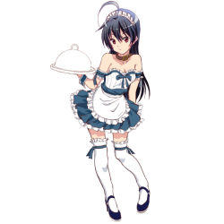 Rule 34 | 10s, 1girl, ahoge, alternate costume, apron, bare shoulders, black hair, breasts, chuunibyou demo koi ga shitai!, cleavage, collar, collarbone, enmaided, long hair, looking at viewer, maid, maid apron, maid headdress, red eyes, sanadafelix, shoes, simple background, solo, standing, takanashi touka, thighhighs, tray, white background, white thighhighs, zettai ryouiki