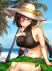 Rule 34 | 1girl, absurdres, alternate costume, bare shoulders, beach, bikini, black bikini, blurry, blurry background, breasts, brown hair, commentary request, green eyes, grin, hand on own chest, hat, hayakawa tazuna, highres, large breasts, long hair, looking at viewer, navel, ocean, outdoors, sand, sarong, sitting, smile, solo, sun hat, sweat, swimsuit, tomoru (tomanvil 3), umamusume, water, white hat