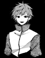 Rule 34 | 1boy, :d, absurdres, aino (tai sekaiyou mahou shoujo tsubame), black background, commentary request, cropped torso, greyscale, high collar, highres, jacket, looking at viewer, male focus, monochrome, open mouth, print jacket, short hair, smile, solo, tai sekaiyou mahou shoujo tsubame, tasutekete, teeth, upper body, upper teeth only