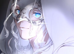 Rule 34 | 1girl, blue eyes, close-up, eye mask, final fantasy, final fantasy xiv, from side, glint, gradient background, grey background, highres, hood, hood up, looking at viewer, mask, medium hair, piyomotsu, portrait, smile, solo, venat (ff14), wavy hair, white hair
