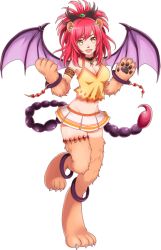 Rule 34 | 1girl, animal ear fluff, animal ears, animal hands, armlet, artist request, bare shoulders, bracelet, breasts, claws, cleavage, fang, full body, hair between eyes, jewelry, medium breasts, medium hair, memeko (monster musume), midriff, monster musume no iru nichijou, monster musume no iru nichijou online, navel, official art, open mouth, red hair, slit pupils, solo, tank top, transparent background, yellow eyes, yellow tank top