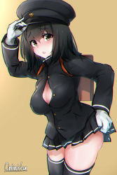 Rule 34 | 1girl, akitsu maru (kancolle), artist name, backpack, bag, beige background, black eyes, black hair, black hat, breasts, bursting breasts, cleavage, commentary request, cowboy shot, hat, kantai collection, large breasts, looking at viewer, mani oniniku, military, military hat, military uniform, open clothes, peaked cap, pleated skirt, randoseru, short hair, simple background, skirt, solo, thighhighs, uniform