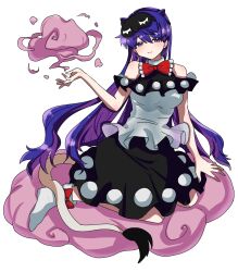 Rule 34 | 1girl, bare shoulders, black skirt, blue hair, bow, bowtie, closed mouth, commentary request, doremy sweet, footwear bow, full body, hair horns, highres, long hair, looking at viewer, mask, mask on head, oyatu yatu, pom pom (clothes), purple eyes, red bow, red bowtie, shirt, simple background, sitting, skirt, sleep mask, smile, socks, solo, tail, tapir tail, touhou, white background, white shirt, white socks