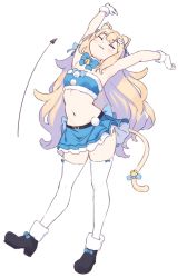 Rule 34 | 1girl, 3:, animal ear fluff, animal ears, arm ribbon, armpits, arms up, arrow (symbol), bandeau, bare arms, bare shoulders, bell, black footwear, blonde hair, blue skirt, bow, bowtie, breasts, cat ears, cat girl, cat tail, closed mouth, crop top, closed eyes, full body, fur trim, gloves, highres, jingle bell, long hair, midriff, miniskirt, navel, nyum, original, ribbon, shoes, simple background, skirt, small breasts, solo, standing, stomach, stretching, tail, tail bow, tail ornament, thighhighs, very long hair, wavy hair, white background, white gloves, white thighhighs, zettai ryouiki