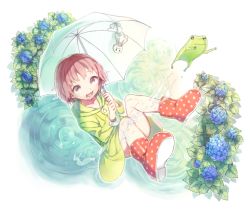 Rule 34 | 1girl, :d, boots, brown eyes, floating, flower, frog, full body, hydrangea, jumping, leaf, looking up, mimizubare, no pants, open mouth, original, pink hair, plant, polka dot, puddle, raincoat, rubber boots, short hair, smile, solo, teruterubouzu, umbrella, water