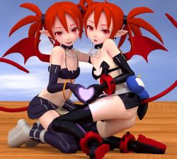Rule 34 | 2girls, 3d, animated, animated gif, ass, bare shoulders, beanis, black skirt, breasts, demon girl, demon tail, demon wings, disgaea, dual persona, etna (disgaea), heart, miniskirt, multiple girls, red eyes, red hair, skirt, small breasts, smile, strapless, tail, thighhighs, twintails, wings