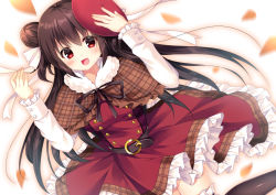 Rule 34 | 1girl, :d, arm up, beret, black thighhighs, blurry, blurry background, blush, brown capelet, brown hair, brown ribbon, capelet, commentary request, depth of field, dress, dutch angle, fingernails, frilled capelet, frilled dress, frilled sleeves, frilled thighhighs, frills, fujikura ryuune, fur-trimmed capelet, fur trim, hair between eyes, hair bun, hand on headwear, hat, long hair, long sleeves, looking at viewer, neck ribbon, open mouth, original, petals, plaid capelet, red dress, red eyes, red hat, ribbon, side bun, single hair bun, single side bun, sleeves past wrists, smile, solo, thighhighs, tilted headwear, very long hair, white background