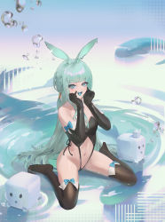 Rule 34 | 1girl, absurdres, animal ear fluff, animal ears, aqua bow, aqua eyes, aqua hair, aqua tongue, bad id, bad pixiv id, bare shoulders, black gloves, black thighhighs, blunt bangs, borrowed character, bow, breasts, cirilla lin, cleavage, commentary request, corset, elbow gloves, fish, gloves, hands on own face, highres, lingerie, long hair, looking at viewer, medium breasts, moth antennae, navel, no shoes, open mouth, original, scenery, sitting, smile, solo, stomach, teeth, thighhighs, thighs, thong, toes, underwear, upper teeth only, very long hair, wariza, water drop