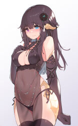 Rule 34 | 1girl, absurdres, arm ribbon, au ra, warrior of light (ff14), bare shoulders, black flower, black gloves, black hair, black panties, black ribbon, black shirt, black thighhighs, blue eyes, blunt bangs, blush, breasts, bug, butterfly, center opening, chinese commentary, cleavage, closed mouth, commentary, covered navel, cowboy shot, crop top, dragon girl, dragon horns, elbow gloves, final fantasy, final fantasy xiv, flower, gloves, grey background, hair flower, hair ornament, hand on own chest, heterochromia, highres, horns, insect, large breasts, long hair, looking at viewer, panties, pelvic curtain, purple eyes, ribbon, scales, see-through, shirt, side-tie panties, sidelocks, simple background, sleeveless, sleeveless shirt, solo, tassel, thighhighs, underwear, zhazhapao