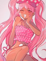 Rule 34 | 1girl, :d, bikini, blush, bow, grey background, hair bow, hand on own cheek, hand on own face, highres, kokomi (aniesuakkaman), long hair, looking at viewer, omori, one eye closed, open mouth, pink bikini, pink bow, pink eyes, pink hair, polka dot, polka dot bow, sidelocks, simple background, smile, solo, sweetheart (omori), swimsuit, twintails, very long hair
