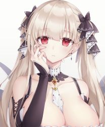 Rule 34 | 1girl, azur lane, between breasts, black ribbon, breasts, cleavage, closed mouth, collarbone, formidable (azur lane), hair ribbon, hand up, large breasts, long hair, pong (vndn124), red eyes, ribbon, silver hair, simple background, solo, twintails, two-tone ribbon, upper body, white background, white ribbon