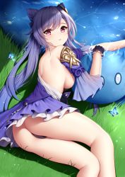 Rule 34 | 1girl, arm rest, ass, bare shoulders, black panties, breasts, bug, butterfly, cameltoe, cone hair bun, detached sleeves, double bun, dress, genshin impact, gloves, grass, hair bun, hair ornament, highres, insect, keqing (genshin impact), long hair, looking at viewer, lying, medium breasts, monster, on side, panties, purple dress, purple eyes, purple hair, sideboob, slime, solo, thighs, twintails, underwear, water, wsman