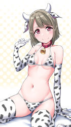 Rule 34 | 1girl, animal ears, animal print, arm support, bare shoulders, bed, bed sheet, bell, bikini, blunt bangs, blush, breasts, breasts apart, collar, collarbone, cow ears, cow horns, cow print, cow print bikini, cow tail, elbow gloves, fake animal ears, gloves, gradient background, groin, halterneck, highres, horns, light brown hair, looking at viewer, love live!, love live! nijigasaki high school idol club, medium hair, nakasu kasumi, navel, neck bell, on bed, polka dot, polka dot background, print bikini, red eyes, sitting, small breasts, smile, solo, swimsuit, tail, thighhighs, underboob, wariza, white bikini, white gloves, white thighhighs, yopparai oni