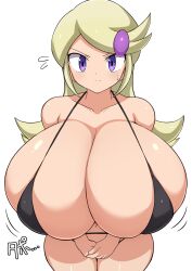 Rule 34 | 1girl, absurdres, ace trainer (pokemon), astrid (pokemon), bikini, black bikini, blonde hair, breasts, cleavage, closed mouth, collarbone, covering crotch, covering privates, creatures (company), female focus, flying sweatdrops, game freak, gigantic breasts, hair ornament, hairclip, highres, jaga334, legs together, long hair, looking at viewer, motion lines, navel, nintendo, pokemon, pokemon xy, purple eyes, shiny skin, simple background, solo, split mouth, standing, sweatdrop, swimsuit, thighs, v-shaped eyebrows, white background, wide-eyed