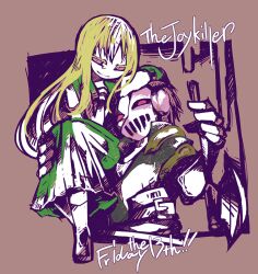 Rule 34 | 1girl, 1other, 7th stand user, axe, blonde hair, brown background, carrying, character name, closed mouth, colored eyelashes, female protagonist (7th stand user), full body, green sailor collar, green skirt, holding, holding axe, jojo no kimyou na bouken, kangaetyuuksr, long hair, long sleeves, looking at viewer, mask, on shoulder, pleated skirt, red eyes, sailor collar, shoulder carry, simple background, sitting, sitting on shoulder, skirt, smile, stand (jojo), the joykiller (7th stand user)