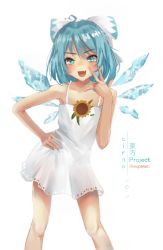 Rule 34 | 1girl, :d, absurdres, ahoge, alternate costume, bare shoulders, blue eyes, blue hair, blush, bow, character name, cirno, collarbone, copyright name, detached wings, dress, fang, feet out of frame, flower, hair bow, hand on own hip, highres, ice, ice wings, leaning forward, looking at viewer, open mouth, see-through, simple background, skin fang, smile, solo, sundress, sunflower, touhou, v, white background, white bow, white dress, wings, wwparasi, yellow flower