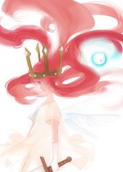 Rule 34 | bad id, bad pixiv id, child of light (game), crown, gloves, igniculus, long hair, maruco, pink eyes, pink hair, princess aurora, solo, sword, weapon