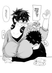 Rule 34 | 1boy, 1girl, arm up, armpits, blush, breast press, breasts, closed eyes, doctor masube, glasses, hetero, highres, holding hands, huge breasts, japanese text, kujimiya kumiko, medium hair, messy hair, monochrome, open mouth, original, plump, presenting armpit, shirt, short hair, size difference, smelling armpit, smelling clothes, sweat, sweatdrop, sweater, table, translation request, twintails