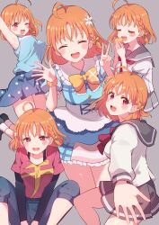 1girl absurdres ahoge birthday blush breasts commentary cream_(nipakupa) food fruit grey_background highres holding holding_food holding_fruit looking_at_viewer love_live! love_live!_sunshine!! mandarin_orange medium_breasts multiple_views orange_hair red_eyes school_uniform short_hair takami_chika uranohoshi_school_uniform