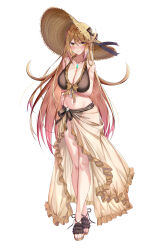 1girl absurdres alternate_costume arm_under_breasts backon bikini blonde_hair blush bow breasts brown_bikini brown_footwear cleavage closed_mouth collarbone commission cosplay fire_emblem fire_emblem:_three_houses fire_emblem_heroes frilled_bikini frilled_footwear frilled_sarong frills full_body hat hat_bow highres large_breasts long_hair looking_at_viewer mercedes_von_martritz mercedes_von_martritz_(cosplay) mercedes_von_martritz_(summer) mythra_(xenoblade) nail_polish navel nintendo pixiv_commission purple_nails sandals sarong simple_background solo standing stomach sun_hat swimsuit tachi-e toenail_polish toenails variant_set white_background xenoblade_chronicles_(series) xenoblade_chronicles_2 yellow_eyes yellow_sarong