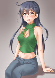 Rule 34 | 1girl, ahoge, alternate costume, anti (untea9), between breasts, black hair, blue pants, breasts, brown eyes, cleavage, collarbone, crop top, denim, gradient background, green sweater, grey background, hair between eyes, highres, jeans, kantai collection, charm (object), large breasts, long hair, looking at viewer, navel, open mouth, pants, ribbed sweater, sitting, sleeveless, sleeveless sweater, sleeveless turtleneck, solo, sweater, tears, turtleneck, turtleneck sweater, ushio (kancolle)