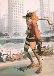 Rule 34 | 1girl, absurdres, aciddrop (arknights), ahoge, animal ears, arknights, bandaid, bandaid on face, bird ears, black shirt, black shorts, black thighhighs, blue eyes, bow (weapon), brown hair, city, closed mouth, crossbow, day, full body, goggles, goggles on head, highres, holding, holding weapon, id card, jacket, knee pads, long hair, long sleeves, looking at viewer, low ponytail, natsuba002, necktie, open clothes, open jacket, orange necktie, outdoors, red jacket, river, shirt, short shorts, shorts, skateboard, solo, standing, thigh strap, thighhighs, thighs, weapon