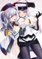 Rule 34 | 10s, 2girls, areola slip, between breasts, blue eyes, blush, bottomless, grabbing another&#039;s breast, breasts, cleavage, clothes pull, gloves, grabbing, graf zeppelin (kancolle), grey hair, hat, highres, kantai collection, kashima (kancolle), large breasts, long hair, multiple girls, no bra, no nipples, okingjo, one eye closed, open clothes, open mouth, open shirt, pantyhose, shirt, skirt, skirt pull, smile, standing, twintails, uniform, yuri