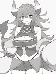 Rule 34 | 1girl, animal ears, bare shoulders, blush, breasts, character request, cleavage, copyright request, cow ears, cow girl, cow horns, cow tail, greyscale, hair ornament, hairclip, highres, horns, large breasts, long hair, looking at viewer, messy hair, monochrome, monster girl, short shorts, shorts, solo, tail, yonaga san