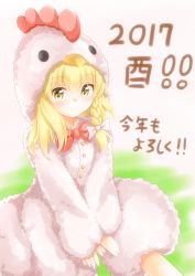 Rule 34 | 1girl, 2017, absurdres, bad id, bad pixiv id, blonde hair, blush, bow, bowtie, braid, chicken costume, chinese zodiac, commentary, happy new year, highres, kirisame marisa, long hair, looking at viewer, new year, side braid, single braid, sitting, solo, touhou, translated, unira, year of the rooster, yellow eyes