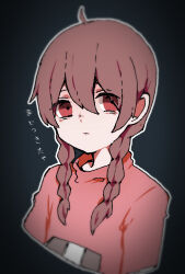 Rule 34 | 1girl, braid, brown hair, character name, closed mouth, commentary request, cropped arms, cropped torso, eyes visible through hair, grey background, long sleeves, looking at viewer, madotsuki, mattyamu05, medium hair, outline, pink sweater, red eyes, simple background, solo, sweater, translation request, twin braids, unusually open eyes, vignetting, white outline, yume nikki