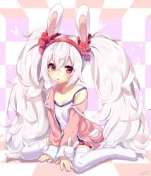 Rule 34 | 1girl, :o, absurdres, animal ears, azur lane, between legs, blush, camisole, crossed bangs, hairband, hand between legs, highres, jacket, laffey (azur lane), long hair, looking at viewer, open clothes, open jacket, open mouth, pink jacket, pleated skirt, rabbit ears, red eyes, red skirt, sakura chiyo (konachi000), sidelocks, sitting, skirt, solo, strap slip, thighhighs, twintails, very long hair, wariza, white hair, white thighhighs