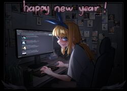 Rule 34 | 1girl, absurdres, alternate costume, blonde girl (popopoka), blonde hair, blue eyes, blue hairband, can, energy drink, english text, hairband, happy new year, highres, keyboard (computer), long hair, looking at viewer, monster energy, mouse (computer), new year, original, photo (object), ponytail, popopoka, shirt, short sleeves, smile, sweat