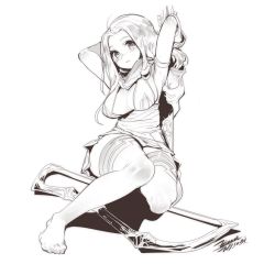 Rule 34 | 1girl, ashe (league of legends), blush, breasts, character request, dated, dress, ejami, feet, greyscale, league of legends, long hair, looking at viewer, monochrome, signature, simple background, solo, thighhighs, weapon, white background
