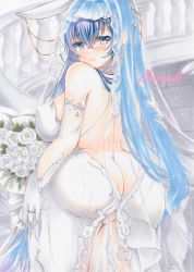 Rule 34 | 1girl, animal ears, ass, azur lane, back, bare shoulders, blue eyes, blue hair, breasts, bridal veil, butt crack, covered erect nipples, dress, elbow gloves, fake animal ears, flower, from behind, gloves, highres, large breasts, long hair, looking at viewer, looking back, new jersey (azur lane), new jersey (snow-white ceremony) (azur lane), official alternate costume, purplepencil, rabbit ears, rose, sample watermark, solo, veil, very long hair, watermark, wedding dress, white dress, white flower, white gloves, white rose