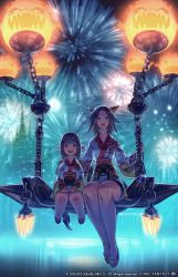 Rule 34 | 10s, 2girls, animal ears, arm around shoulder, bare legs, bomb (final fantasy), cat ears, chain, company name, copyright name, dated, final fantasy, final fantasy xiv, fireworks, gradient background, hand on another&#039;s shoulder, hands on lap, height difference, japanese clothes, kimono, knees together feet apart, kouno (masao), lalafell, legs together, long sleeves, looking at viewer, miqo&#039;te, multiple girls, night, night sky, official art, open mouth, print kimono, sandals, short hair, short kimono, side-by-side, sitting, sky, smile, twintails, watermark, wide sleeves, yukata