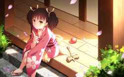 Rule 34 | 1girl, barefoot sandals (jewelry), brown eyes, brown hair, cherry blossom print, cherry blossoms, choker, closed mouth, floral print, hair ribbon, highres, index finger raised, japanese clothes, kimono, koutetsujou no kabaneri, long hair, mumei (kabaneri), petals, pink kimono, pink ribbon, print kimono, ribbon, ribbon choker, sitting, solo, twintails, yellow ribbon, yijian ma
