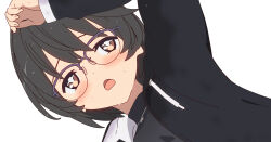 Rule 34 | 1girl, 3d, black hair, black hoodie, blender (medium), brown eyes, commentary, dot nose, dutch angle, english commentary, expressionless, glasses, hand up, highres, hood, hood down, hoodie, jewelry, long sleeves, mixed-language commentary, necklace, open mouth, rin (rinrinne), rinrinne, rinrinne39 (artist), semi-rimless eyewear, short hair, simple background, solo, stain, stained clothes, sweat, sweaty clothes, turtleneck, upper body, very sweaty, virtual youtuber, white background