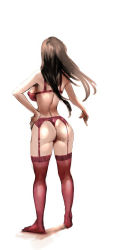 Rule 34 | 1girl, ass, back, bare shoulders, bow (bhp), bra, brown hair, garter belt, garter straps, hand on own hip, original, panties, red bra, red panties, red thighhighs, simple background, solo, thighhighs, thong, underwear, underwear only, white background