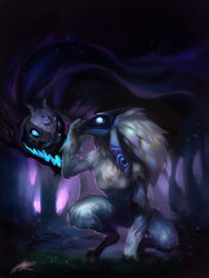 Rule 34 | 1girl, colored extremities, furry, furry female, highres, hooves, kindred (league of legends), lamb (league of legends), league of legends, long hair, mask, phantom ix row, pointy ears, spirit, weapon, wolf, wolf (league of legends)