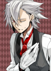 Rule 34 | 1boy, arc system works, blazblue, butler, checkered background, gloves, maka (morphine), male focus, necktie, one eye closed, ragna the bloodedge, red eyes, solo, spiked hair, sweatdrop, vest, white gloves, white hair, wink