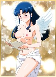Rule 34 | 1990s (style), 1girl, blue eyes, blue hair, blush, border, breasts, cowboy shot, feathered wings, fujiwara aya, holding, holding paper, long hair, medium breasts, navel, nipples, non-web source, nude, official art, paper, retro artstyle, smile, snowflake background, solo, super real mahjong, tanaka ryou, topless, white wings, wings