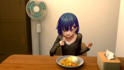 Rule 34 | 1girl, as109, blue hair, blush, collarbone, eating, electric fan, female focus, food, hair ornament, hairclip, highres, holding, holding spoon, indoors, mole, mole under eye, original, plate, red eyes, rice, short hair, sitting, solo, spoon, table, tissue box