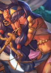 Rule 34 | 1girl, animal ears, bangle, belly chain, bracelet, breasts, commentary request, dark-skinned female, dark skin, egyptian, egyptian clothes, facepaint, facial mark, fate/grand order, fate (series), feathers, hairband, highres, jackal ears, jewelry, lc butter, long hair, looking at viewer, low-tied long hair, lying, navel, nitocris (fate), on side, one eye closed, parted lips, pelvic curtain, purple eyes, purple hair, small breasts, smile, solo, weighing scale