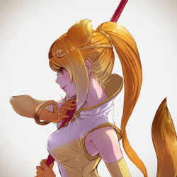 Rule 34 | 10s, 1girl, animal ears, backlighting, bangle, between breasts, blonde hair, bracelet, breasts, elbow gloves, extra ears, from side, gloves, gold trim, golden snub-nosed monkey (kemono friends), gradient hair, head tilt, highres, holding, holding staff, jewelry, kemono friends, long hair, medium breasts, monkey ears, monkey girl, monkey tail, multicolored hair, nape, nose, orange hair, ponytail, profile, realistic, smile, solo, staff, tail, takami masahiro, upper body, white hair