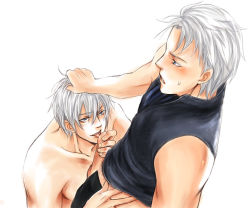Rule 34 | 2boys, blue eyes, blush, brothers, capcom, clothed on nude, dante (devil may cry), devil may cry (series), fellatio, incest, male focus, multiple boys, oral, penis, siblings, smile, tongue, twins, uncensored, vergil (devil may cry), white hair, yaoi