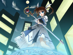 Rule 34 | 00s, 1girl, black gloves, blue eyes, bow, brown hair, cityscape, cloud, fighting stance, fingerless gloves, from below, full body, full moon, gloves, holding, holding weapon, lyrical nanoha, magazine (weapon), magic circle, magical girl, mahou shoujo lyrical nanoha, mahou shoujo lyrical nanoha a&#039;s, moon, open mouth, orb, polearm, purple eyes, raising heart, raising heart (accel mode), red bow, red hair, rod, solo, staff, standing, takamachi nanoha, takamachi nanoha (sacred mode), twintails, wallpaper, weapon