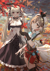 Rule 34 | 2girls, absurdres, al guang, atelier (series), atelier ryza, atelier ryza 2, azur lane, belt, beret, between breasts, black dress, breasts, brown belt, brown eyes, brown gloves, brown hair, cleavage, dress, earrings, formidable (azur lane), frilled dress, frills, gloves, gothic lolita, grey hair, hair ribbon, hand on own chest, hat, highres, jewelry, large breasts, leaf, leather belt, lolita fashion, long hair, maple leaf, multiple girls, necktie, necktie between breasts, open hand, red eyes, red shorts, reisalin stout, ribbon, short shorts, shorts, single glove, sleeveless, sleeveless jacket, thick thighs, thighs, twintails, two-tone dress, very long hair
