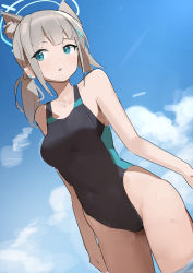 Rule 34 | 1girl, absurdres, animal ear fluff, animal ears, blue archive, blue eyes, blue sky, breasts, cloud, competition swimsuit, cross hair ornament, day, grey hair, hair ornament, halo, highleg, highleg swimsuit, highres, medium breasts, medium hair, mismatched pupils, one-piece swimsuit, outdoors, shiroko (blue archive), shiroko (swimsuit) (blue archive), sky, solo, standing, swimsuit, t-lex
