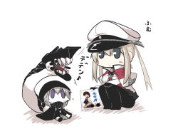 Rule 34 | 10s, 2girls, abyssal ship, album cover, bikini, bikini top only, black gloves, black legwear, blush stickers, capelet, cd case, chibi, cloak, commentary request, cover, gloves, goma (gomasamune), graf zeppelin (kancolle), grey eyes, hat, holding, hood, hooded cloak, japanese clothes, kaga (kancolle), kantai collection, long hair, manga (object), military, military hat, military uniform, multiple girls, muneate, musical note, pantyhose, peaked cap, pleated skirt, purple eyes, quaver, re-class battleship, short hair, side ponytail, silver hair, sitting, skirt, squatting, swimsuit, tail, translation request, turret, twintails, uniform