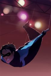 Rule 34 | 1boy, artist request, black hair, bodysuit, boots, dc comics, dick grayson, domino mask, gloves, indoors, male focus, mask, nightwing, smile, solo, source request, teeth, trapeze (object), upside-down